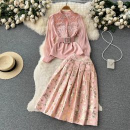 Two Piece Dress Summer Luxury 2 Piece Sets French Fashion Suits Women's Long Sleeve Embroidery Shirt Tops High Waist Jacquard Half Skirt Outfits 2024