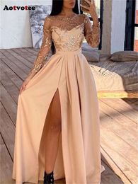 Sequins for Women New Fashion Vintage Chic Elegant Long Sleeve O Neck High Waist Solid Evening Dress