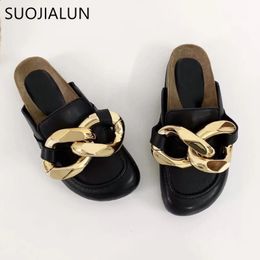 Design Dress SUOJIALUN Brand Women Slipper Fashion Big Gold Chain Sandals Shoes Round Toe Slip On Mules Flat Heel Casual caf9