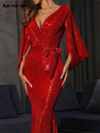 Sequins Maxi for Women Vintage New Split Slim V Neck Elegant Chic Lace Up Red Evening Dresses