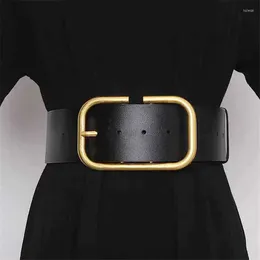 Belts Leather Wide Belt For Women Gold Square Buckle Pin Ladies Vintage Strap Female Waistband Width 6.8cm