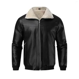 Men's Jackets Leather Jacket Autumn Winter Fashion Coats Casual Plush Lapel Hatless Pu Solid Colour Pocket Thick Coat