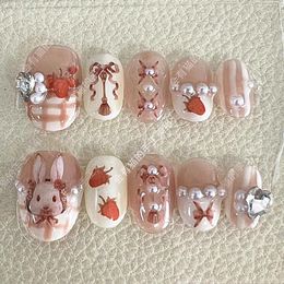 False Nails Kawaii French Style Fake Pearl Short Press On Cute Strawberry With Glue Removable