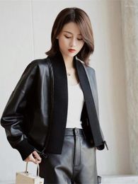 Women's Leather Black Coat Women Spring Autumn Loose Fashion Long Sleeve Knitted Edge Faux Jackets PU Cardigan