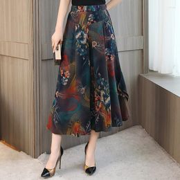 Women's Pants Summer Wide Leg Women Loose Elastic Waist Ankle-Length Woman Casual Vintage Print High Skirt