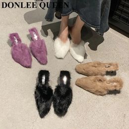 Slippers Autumn Pointed Toe Thin Heels Slippers Fashion Rabbit Hair Fur Mules Female Shallow Furry Shoes Chic Pumps Brand Mujer 231110