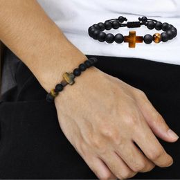 Strand Cross Bracelets For Men Boys 8MM Black Natural Stones Beads Religious Prayer Wristband Length Adjustable Pulseira Masculina