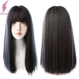 Synthetic Wigs Yiyaobess Highlights Blue Pink Ombre Long Straight Wig With Bangs Natural Hair Cosplay For Women High Temperature