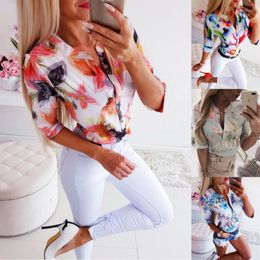 Women's Blouses Women Vintage Floral Print V Neck Buttoned Office Lady Half Sleeve Slim Shirts Daily Plus Size 2XL Blusas Femininas