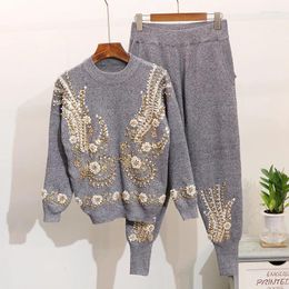 Women's Two Piece Pants Set Pearl Beaded Women Knitted Tracksuit Embroidery Sweater Sequin 2 Jogger Top Suit Korean Clothing