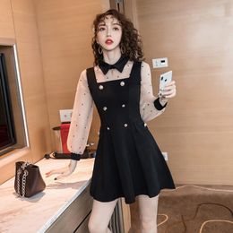 Casual Dresses #5121 Mesh Long Sleeved Black A-line Dress Women Lapel Collar Sexy Short Party Ladies High Waisted Double Breasted