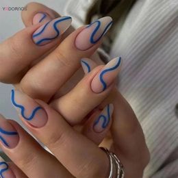 False Nails 24pcs Blue Line Matte Almond Artificial Full Cover Wearable For Women Nail DIY Fingernail Sticker
