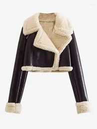 Women's Jackets ZAFUL PU Contrast Faux Fur Lined Borg Lapel Collar Inclined Zip Crop Biker Jacket 511232701