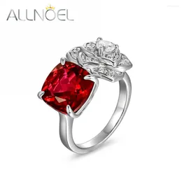 Cluster Rings ALLNOEL 925 Sterling Silver Ring For Women Rose Flower 5.5CT High Carbon Diamond Red Zircon Anniversary Gift Luxury Fine