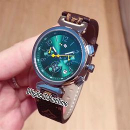 New Q13250 Steel Case Green Dial Japan Quartz Chronograph Womens Watch Brown Leather Strap Lady Ladies Watches Stopwatch Puretime 275S