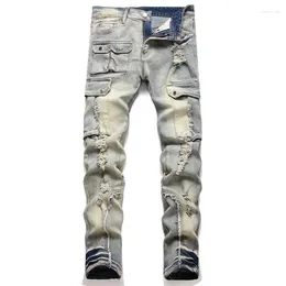 Men's Jeans Denim Destroyed Hole Multi-Pocket Pactchwork High Quality Advanced Comfortable Biker Pantalones Hombre Casual