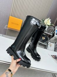 Paris Monograms tall boot real top quality Calf Leather knee high women boots chunky platform lug soles Combat buckle Booties Luxury designer shoe