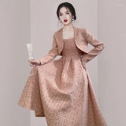 Work Dresses Women Tweed Dress Set 2023 Autumn And Winter Cropped Jacket Long Luxury Elegant Korean Pink 2 Piece