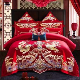 Bedding Sets Cotton Chinese Wedding Red Set Luxury Royal Gold Loong Phoenix Embroidery Duvet Cover Bed Sheet Linen Pillowcases