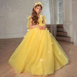 Girl Dresses Yellow Fluffy Flower Dress Tulle Round Neck Sleeveless Bow Strap Wedding Cute Children First Communion Party