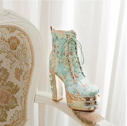 Women Ankle Boots Flower Pattern Platform Zipper Lace-Up Ladies Shoes Crude Heel Metal Decoration Women Short Boots
