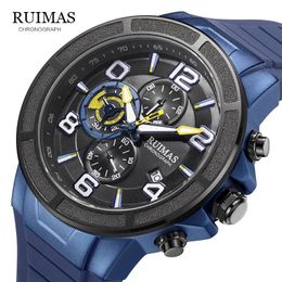 Wristwatches 2023 RUIMAS Blue Casual Silicone Fashion Quartz Black Watch Mens Watches Top Waterproof Clock Relogio Masculino