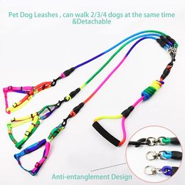 Dog Collars Leashes Pet Dog Leash Dog Harness Collar Colourful Nylon Dog Rope Walk 2/3 Dogs Double Lead Detachable Anti-entanglement Foam Handle 1.9m 231110