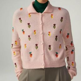 Women's Knits Spring And Autumn Women's Pink Lapel Radish Embroidery Single-breasted Long-sleeved Knitted Cardigan Cute Sweet