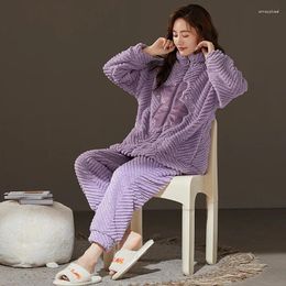 Women's Sleepwear 2023 Winter Coral Fleece Pajamas For Women Zipper Cardigan Home Suit Fallow Solid Color Warm