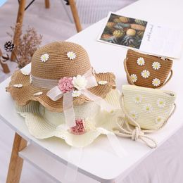 Wide Brim Hats Summer Girl Children 2 Pieces Set Straw Hat Handbag Flower Visor Cap Panama Kid Baby Sun