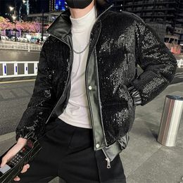 Men s Down Parkas Pearlescent Sequins Sequin Winter Men Jacket Thicken Warm Puffer Loose Casual Coat PU Splicing Hiphop Overcoat Streetwear 231110