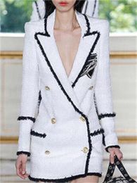 Women's Suits Maxi 3XL Size 2XL Women England Jackets Beading Double Breasted White Color Slim Blazers Wool Coat Clothes