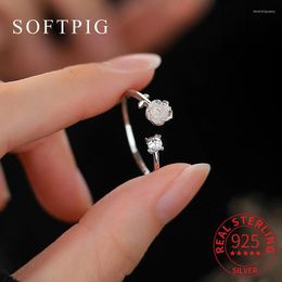 Cluster Rings SOFTPIG Real 925 Sterling Silver Zircon Rose Flower Plant Adjustable Ring For Women Cute Fine Jewelry Minimalist Accessories