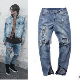 Men's Jeans Ripped Trousers Soft Blue Motorcycle Denim Overalls FashionMen's