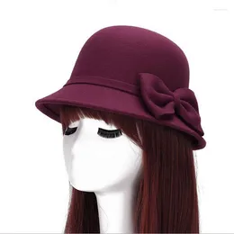 Berets 2023 Spring Fashion Vintage Women Ladies Wool Winter Fedora Hat Bucket Dome Bell Bow Felt Hats Cap 6 Colour