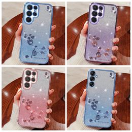 Flower Bling Glitter Diamond Cases For Samsung S24 Ultra Plus A55 A35 A25 A15 A05S A05 Xiaomi 14 Pro Redmi 13C Sparkle Soft TPU Metallic Chromed Plating Gradient Cover