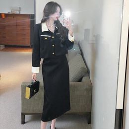 Work Dresses 2 Piece Sets Womens Outfits Short Coat Half Skirt Black And White Contrast Women's Shirt Tops Single Breasted Lapel Long Skirts