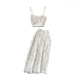 Work Dresses Womens Sexy Lace Top Skirt 2-piece Set White Spaghetti Strap Crop Long Pencil Skirts Clothing Suit Summer 2023