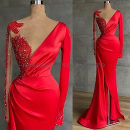 Party Dresses Red Satin Mermaid Evening Dress Gowns Long Sleeves Beading Stones V Neck Elegant Formal Prom