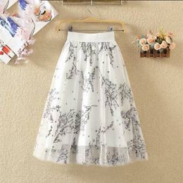 Skirts Summer Korean Fashion Network Midi Women's Skiing High Waist A-line Knee Length Skiing Flower Net Swing Skiing Elegant Women's Skiing 230410