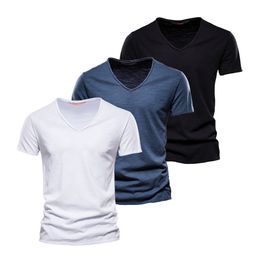 Men's T-Shirts AIOPESON 3-piece 100% Cotton Men's T-shirt Fashion Design V-Neck Casual Fit Basic Cotton Men's Summer T-shirt 230410