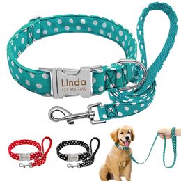Dog Collars Leashes Dog Collar Custom Nylon Pet Polka Dot Collar Walking Leash Set Personalised Puppy Nameplate ID Tag Collars Adjustable Engraved 231110