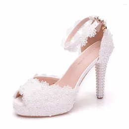 Dress Shoes Spring And Summer Fish Mouth Stiletto Sandals White Lace Bridal Wedding Large Size Waterproof Platform Women's