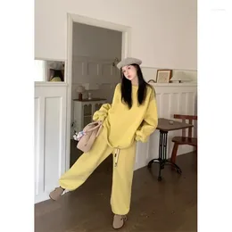 Women's Two Piece Pants Casual Yellow Sports Sweater Suit Women Autumn Round Neck Fashion Pullover Top Drawstring Leggings Solid Set