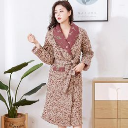 Women's Sleepwear Bath Robe Women Winter Warm Cotton Quilted Bathrobe Nightgown Kimono Floral Dressing Gown Female Home Clothes