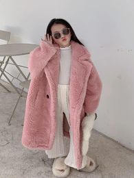 Jackets Winter Coat Girls Boys 2023 Furry Hooded Teddy Bear White Pink Faux Fur Long Jacket Sleeve Kids Fleece Cardigan XMP614 231109