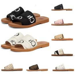 Designer Woody sandals womens Mules flat slides Light tan beige white black pink gold lace Lettering Fabric canvas slippers summer outdoor shoes for women