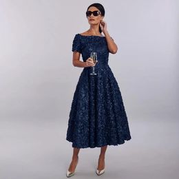 2024 Retro Dark Navy A-line Mother Of Bride Dress Boat Neck Tea Length New Applique Summer for Marriage Guest Party Gowns