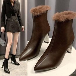 Boots Women's Ankle Fur Warm Winter Women Zip PU Leather Waterproof Ladies Fashion High Heels Woman Casual Shoes Footwear