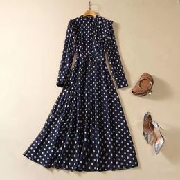 European and American women's dress 2023 winter new Long-sleeved stand-up collar polka dot print and ruffles Pleated dress XXL